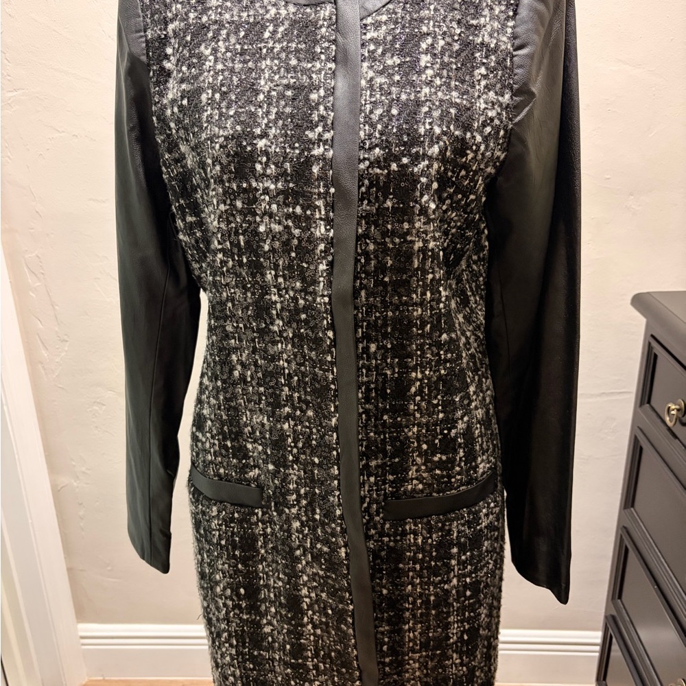 Michael Kors Black Tweed Trench Coat with Faux Leather Sleeves and subtle silver